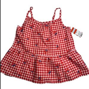 Cat & Jack  Girls Size M(8) Pleated Embroidered Flowers 4th Of July  Red Gingham